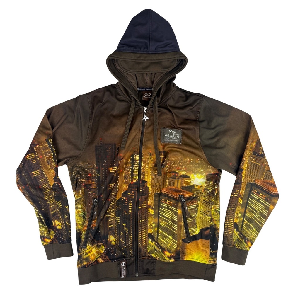 LRG Tokyo City Skyline Full Zip Hoodie Mens Medium Brown Night Track Jacket